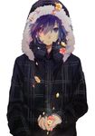  bad_id bad_pixiv_id blue_eyes blue_hair coat expressionless flower fur_trim heterochromia holding hood koide_natsuno looking_at_viewer male_focus minmin_nemui petals red_eyes shiki simple_background solo white_background zipper 