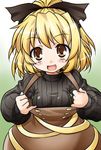 akou_roushi alternate_costume blonde_hair blush bow breasts brown_eyes hair_bow kurodani_yamame looking_at_viewer medium_breasts open_mouth ponytail ribbed_sweater short_hair smile solo sweater touhou 