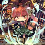  animal_ears black_legwear blush_stickers bow braid cat_ears chibi extra_ears hair_bow kaenbyou_rin paprika_shikiso red_eyes red_hair skull solo touhou twin_braids 