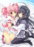  ahoge akemi_homura black_hair blush gloves hair_ribbon hairband holding_hands kaname_madoka kneeling long_hair magical_girl mahou_shoujo_madoka_magica mitsuki_mantarou multiple_girls panties panties_under_pantyhose pantyhose pink_eyes pink_hair purple_eyes ribbon short_twintails skirt smile soul_gem striped striped_panties thighband_pantyhose twintails underwear 