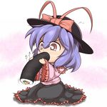  capelet chibi ehoumaki food food_in_mouth hat hat_ribbon hinate makizushi nagae_iku purple_hair red_eyes ribbon setsubun sexually_suggestive shirt short_hair sitting skirt solo sushi touhou 