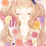  bad_id bad_pixiv_id bracelet brown_hair choker closed_eyes face flower gloves hair_ribbon hands jewelry lace lace_gloves light_smile orange_flower orange_rose original pink_flower pink_rose purple_flower purple_rose red_flower red_rose ribbon rose solo wavy_hair white_flower white_gloves white_rose yellow_flower yellow_rose yua_(tick-tack) 