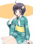  ahoge araragi_tsukihi barefoot japanese_clothes kimono knife maka_(hyougenbu) monogatari_(series) nisemonogatari short_hair sitting solo toes 