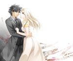  1girl black_eyes black_hair couple dress emiya_kiritsugu eyelashes facial_hair fate/zero fate_(series) hal-ca hetero husband_and_wife irisviel_von_einzbern long_coat long_hair necktie red_eyes stubble white_hair 