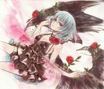  alternate_costume bad_id bad_pixiv_id banned_artist bare_shoulders bat_wings blue_hair choker dress flower frilled_dress frills gathers graphite_(medium) hino_mamori marker_(medium) red_eyes red_flower red_rose remilia_scarlet ribbon_choker rose shawl short_hair silver_hair slit_pupils solo touhou traditional_media wings 