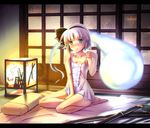  bad_id bad_pixiv_id bare_legs barefoot black_hairband blue_eyes blush chemise futon green_eyes hairband highres inuga_anahoru konpaku_youmu konpaku_youmu_(ghost) lantern letterboxed long_legs pillow scabbard seiza sheath short_hair sitting solo tassel touhou wariza 