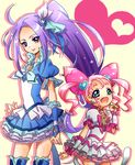  blue_eyes blue_skirt bow brooch cat_tail choker cure_beat cure_humming double_bun dress frills hair_ornament hairpin haori_(ki-na-ri) happy heart height_difference hummy_(suite_precure) jewelry kurokawa_eren long_hair magical_girl multiple_girls no_choker original paw_pose personification pink_bow pink_choker pink_hair ponytail precure purple_hair seiren_(suite_precure) short_hair skirt smile suite_precure tail twintails what_if wrist_cuffs yellow_eyes 