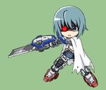  blue_eyes blue_hair cape chibi destiny30229 glowing glowing_eye gundam gundam_00 gundam_exia magical_girl mahou_shoujo_madoka_magica mecha_musume miki_sayaka solo soul_gem sword torn_cape weapon 