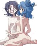  ario ass black_eyes black_hair blue_eyes blue_hair breasts expressive_clothes hair_ornament hair_rings hair_stick jiangshi kaku_seiga lipstick_mark maebari miyako_yoshika multiple_girls nipples nude ofuda sitting sketch small_breasts touhou translated wariza yuri 