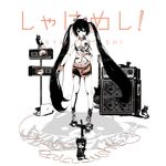  animal_ears black_hair bowl cat cat_ears computer food guitar hatsune_miku highres instrument laptop long_hair monochrome mouth_hold shoes sneakers socks solo twintails very_long_hair vocaloid 