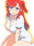  ano_natsu_de_matteru blue_eyes blush breasts cleavage deyuuku glasses large_breasts long_hair one_side_up open_mouth red_hair sitting smile solo takatsuki_ichika 