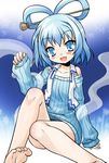  :d akou_roushi alternate_costume bare_legs barefoot blue_eyes blue_hair blush bottomless feet hair_ornament hair_rings hair_stick kaku_seiga naked_sweater no_pants open_mouth ribbed_sweater shawl sitting smile solo sweater touhou 