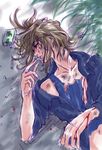  anubituf blood cigarette injury lying male_focus mouth_hold nishida_asako on_back simoun smoking solo torn_clothes 