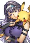  arm_under_breasts armband asano_ruri asano_sisters_project bangs black_bow bow closed_mouth commentary_request creatures_(company) female game_freak gen_1_pokemon hairband looking_at_another nintendo on_shoulder open_mouth pikachu pokemon purple_eyes purple_hair purple_shirt shimashima_(simasima_23) shirt sleeveless sleeveless_shirt smile virtual_youtuber 