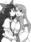  :d ? bare_shoulders blush bottomless bow breast_press breasts breasts_outside cheek-to-cheek cleavage greyscale hair_bow hair_tubes highres holding_hands itou_yuuji kochiya_sanae large_breasts long_hair looking_at_viewer monochrome multiple_girls open_clothes open_mouth open_shirt reiuji_utsuho shirt sketch smile symmetrical_docking touhou very_long_hair 