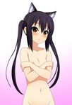  animal_ears black_hair blush brown_eyes cat_ears covering covering_breasts flat_chest gradient gradient_background groin highres k-on! kenken long_hair nakano_azusa nipples nude out-of-frame_censoring solo twintails 
