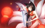  ahri animal_ears bare_shoulders black_hair bracelet braid breasts china_dress chinese_clothes cleavage dress facial_mark fang fireworks fox_ears fox_tail highres jewelry league_of_legends long_hair looking_at_viewer medium_breasts multiple_tails nail_polish red_dress ricegnat sidelocks single_braid sleeveless sleeveless_dress smile solo sword tail weapon whisker_markings yellow_eyes 