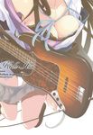  1girl absurdres akiyama_mio bass_guitar black_hair blue_bra bra breasts cable cleavage down_blouse guitar hands head_out_of_frame highres instrument k-on! legs lingerie long_hair long_nails mikoto_akemi ribbon skirt skirt_pull solo underwear 