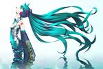  aqua_eyes aqua_hair bad_id bad_pixiv_id detached_sleeves hatsune_miku headphones headset long_hair looking_up necktie profile reflection shin_psalm skirt smile solo thighhighs twintails very_long_hair vocaloid water 