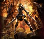  1girl armor cassandra_pentaghast dragon dragon_age dragon_age_2 dual_wielding epic fire from_below long_hair lowres sword thigh_strap weapon 