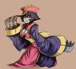  bad_id bad_pixiv_id blush_stickers breasts brown_background chinese_clothes claws cleavage cleavage_cutout dark_skin flipped_hair hat jiangshi lei_lei long_sleeves looking_at_viewer medium_breasts nosuku ofuda purple_hair red_eyes simple_background solo vampire_(game) 