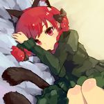  animal_ears blush bow braid cat_ears cat_tail extra_ears hair_bow kaenbyou_rin looking_at_viewer lying multiple_tails on_side paprika_shikiso red_eyes red_hair solo tail touhou twin_braids 