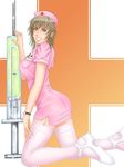  blonde_hair blue_eyes breasts evil fun hat large_breasts needle nurse nurse_cap nursehat sadistic syringe 