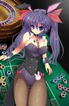  animal_ears blue_eyes breasts bunny_ears bunnysuit chain cleavage collar cuffs highres long_hair medium_breasts original pantyhose poker_chip purple_hair rankiryuu roulette shackles solo twintails vest 