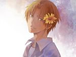  bad_id bad_pixiv_id brown_eyes brown_hair earrings fate/zero fate_(series) flower hair_flower hair_ornament jewelry male_focus rabbit19 smile solo upper_body uryuu_ryuunosuke 