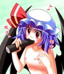  :d akagi_yuuto bad_id bad_pixiv_id bat_wings blue_hair bow ehoumaki flat_chest food hat hat_bow makizushi musical_note nipples nude open_mouth pinky_out red_eyes remilia_scarlet setsubun sexually_suggestive short_hair smile solo sushi touhou upper_body wings 