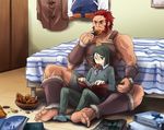  2boys armor bangs barefoot beard bed bob_cut eating facial_hair fate/zero fate_(series) green_eyes green_hair jacket male_focus mouth_hold multiple_boys necktie parted_bangs red_eyes red_hair rider_(fate/zero) senbei shorts sitting socks waver_velvet 