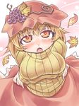  aki_minoriko blonde_hair blush breast_hold breasts crossed_arms food fruit grapes hat highres large_breasts leaf looking_at_viewer nyagakiya open_mouth red_eyes ribbed_sweater short_hair solo sweater touhou 