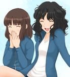  amagami black_hair brown_hair closed_eyes gym_uniform jacket messy_hair multiple_girls open_mouth smile takemi_kaoru tanaka_keiko tanamachi_kaoru track_jacket 