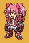  :d bow brown_background bubble_skirt chibi destiny30229 dress frills fusion gundam gundam_age gundam_age-1 gundam_age-1_titus hair_bow kaname_madoka looking_at_viewer magical_girl mahou_shoujo_madoka_magica mecha_musume mechanical_arms mechanical_legs open_mouth orange_background pink_eyes pink_hair short_twintails simple_background skirt smile solo standing twintails 