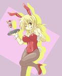  ;q animal_ears blonde_hair bunny_ears bunny_tail bunnysuit cream cream_on_face food food_on_face hidamari_sketch long_hair miyako one_eye_closed oteruko_(wanabeee) pantyhose parfait solo tail tongue tongue_out tray wrist_cuffs yellow_eyes 