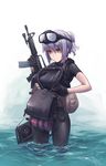  assault_rifle backpack bag bodysuit breasts compass diving_mask diving_mask_on_head fangdan_runiu gloves gun large_breasts long_hair m4_carbine military_operator original ponytail purple_hair rebreather rifle scuba shirt skin_tight solo standing taut_clothes taut_shirt wading water weapon wet yellow_eyes zipper 
