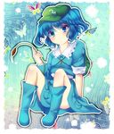  backpack bad_id bad_pixiv_id bag blue_eyes blue_hair blush boots bug butterfly cattail hat insect kawashiro_nitori key plant short_hair sitting skirt sleeves_rolled_up smile solo touhou two_side_up uranaishi_(miraura) 