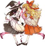  alternate_hairstyle apron ascot bad_id bad_pixiv_id black_gloves black_hair blonde_hair bobby_socks bow brown_eyes cosplay costume_switch detached_sleeves fingerless_gloves frills gloves hair_bow hair_tubes hakurei_reimu hakurei_reimu_(cosplay) hat hat_bow holding_hands kirisame_marisa kirisame_marisa_(cosplay) long_hair mam233 multiple_girls ponytail puffy_sleeves short_ponytail short_sleeves simple_background skirt socks touhou vest waist_apron white_background white_bow white_legwear witch_hat yellow_eyes 