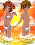  1girl ashinagaojisan bikini blush brown_hair cardcaptor_sakura green_eyes kinomoto_sakura li_xiaolang male_swimwear red_eyes short_hair soaking_feet sunset swim_briefs swimsuit swimwear water wings 