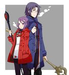  1girl b.tarou bad_id bad_pixiv_id black_eyes black_legwear blush breath glass hand_in_pocket jacket nesty open_mouth pantyhose purple_eyes purple_hair short_hair simple_background staff summon_night summon_night_2 toris 