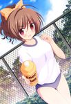  azure_(capriccio) blush bottle bow brown_hair buruma chain-link_fence cloud day dutch_angle fence giving gym_uniform hair_bow holding looking_at_viewer open_mouth original pink_eyes sky solo tree 