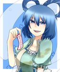  blue_eyes blue_hair hair_rings hyou_haku kaku_seiga ofuda open_mouth shawl smirk solo touhou upper_body vest 