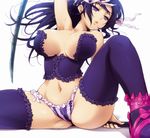  armpits bare_shoulders black_hair bow bow_panties breasts bustier groin hairu katana kousaka_shigure lace lace-trimmed_thighhighs large_breasts lingerie long_hair navel panties purple_eyes purple_hair purple_legwear sheath shijou_saikyou_no_deshi_ken'ichi solo spread_legs sword thighhighs thighs underwear weapon 