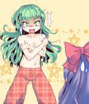  bad_id bad_pixiv_id blush bow breasts cleavage collarbone covering covering_breasts culter green_eyes green_hair hair_bow hakurei_reimu hakurei_reimu_(pc-98) kazami_yuuka kazami_yuuka_(pc-98) long_hair multiple_girls pants plaid plaid_pants purple_hair small_breasts sweatdrop topless touhou touhou_(pc-98) unmoving_pattern 