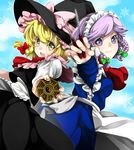  apron blonde_hair blue_eyes blush braid breasts dress hat izayoi_sakuya kirisame_marisa knife long_hair maid maid_headdress mini-hakkero multiple_girls ninamo open_mouth perfect_cherry_blossom scarf short_hair skirt small_breasts smile touhou twin_braids witch_hat yellow_eyes 