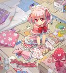  boots bottle bow box can fingerless_gloves frills futon gloves hair_brush hair_ribbon halo_(artist) looking_at_viewer mirror open_mouth original pillow pink_eyes pink_footwear pink_hair ribbon rubber_duck short_hair sitting solo thighhighs wariza zettai_ryouiki 