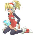  blonde_hair blue_eyes ciel_(rockman) helmet monitor ponytail rockman rockman_zero side_slit solo thighhighs yuusuke_(5yusuke3) 