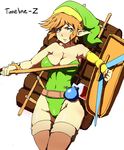  blush breasts brown_hair cleavage elf gauntlets genderswap large_breasts link marnic navel nintendo pointy_ears shield sword the_legend_of_zelda thighhighs weapon yellow_eyes 