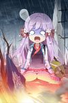  artist_request bag chibi crying crying_with_eyes_open fire hair_ribbon long_hair lowres o_o open_mouth pintail pleated_skirt purple_hair rain ribbon sitting skirt smoke solo spirit sword_girls tears turn_pale wariza zipper 
