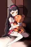  artist_request bangs black_hair blood frilled_skirt frills frown garters hairband hug long_hair lowres plaid plaid_skirt ribbon shadow sitting skirt sleeveless solo stuffed_animal stuffed_toy swept_bangs sword_girls teddy_bear thighhighs white_legwear yellow_eyes 